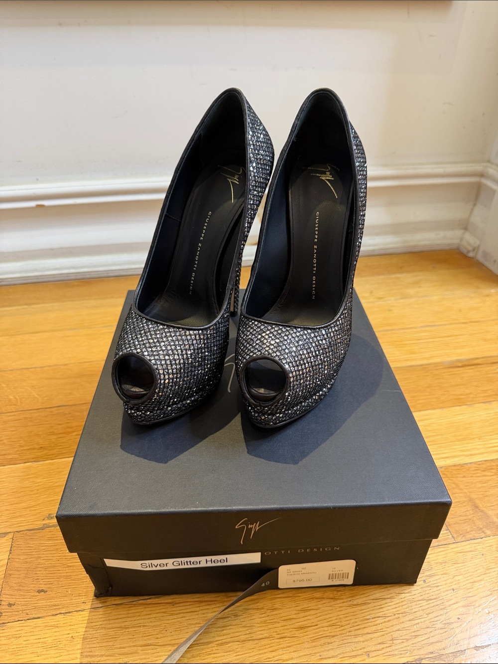 Giuseppe Zanotti Silver Glitter Open-Toe Pumps